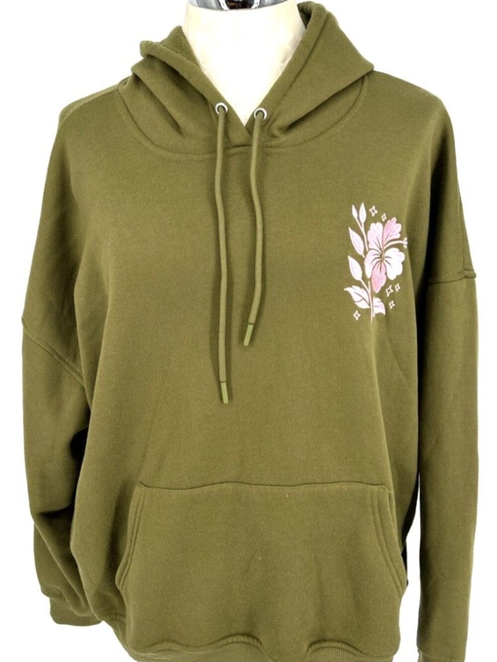 Love Theory Hoodie Womens Sz L Floral Green Pink Embroidered